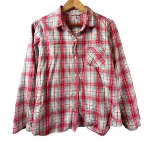 Victoria's Secret Plaid Flannel‎ Button Up Shirt L Pink Teal White Long Sleeve